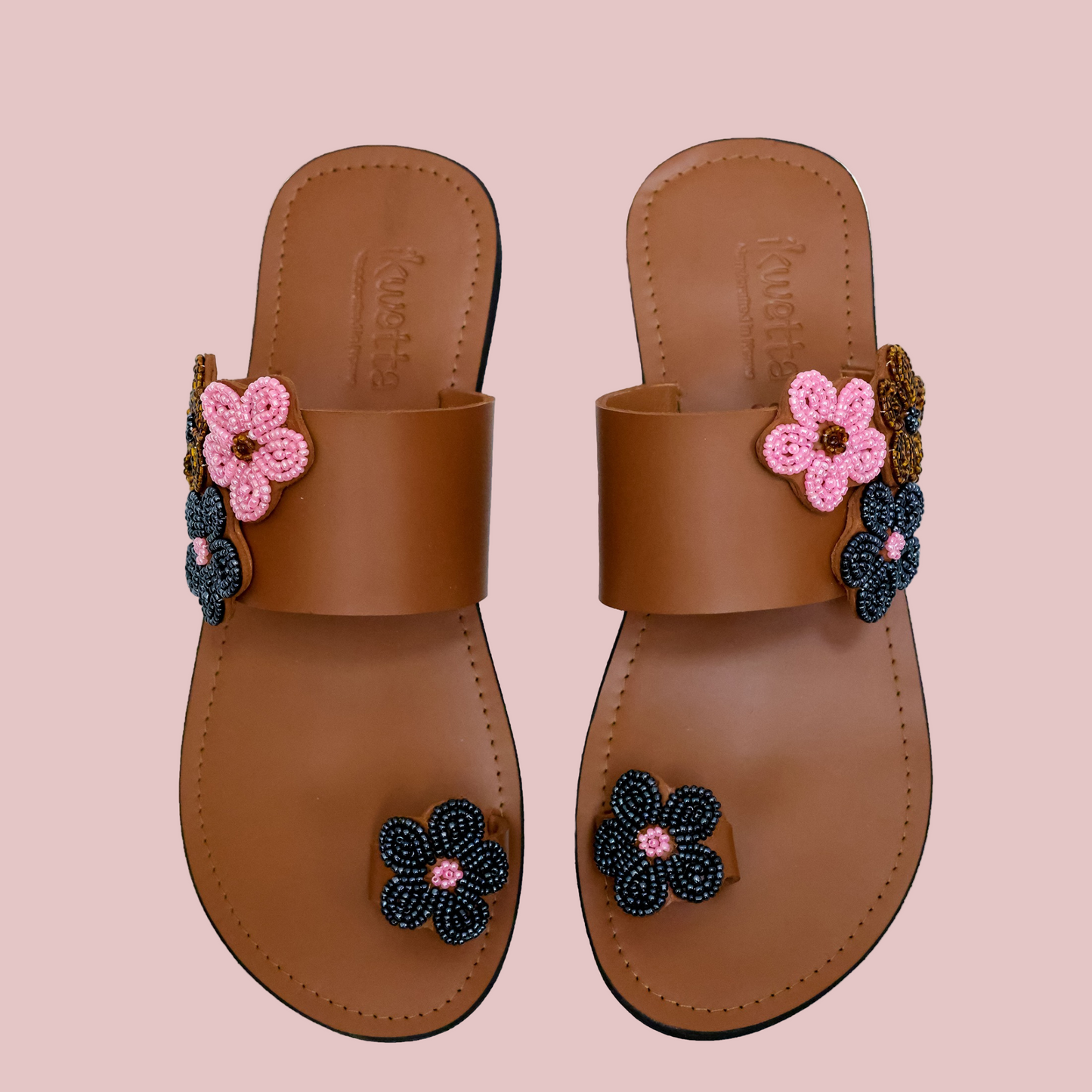 Nzuri sandals in caramel smooth leather with baedwork