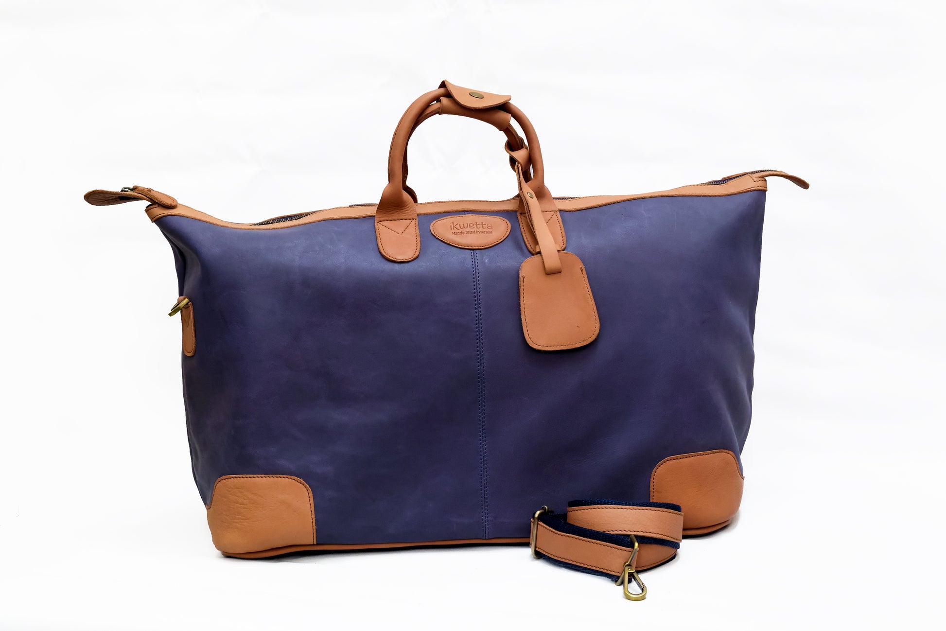 Lightweight duffle in navy and tan smooth leather