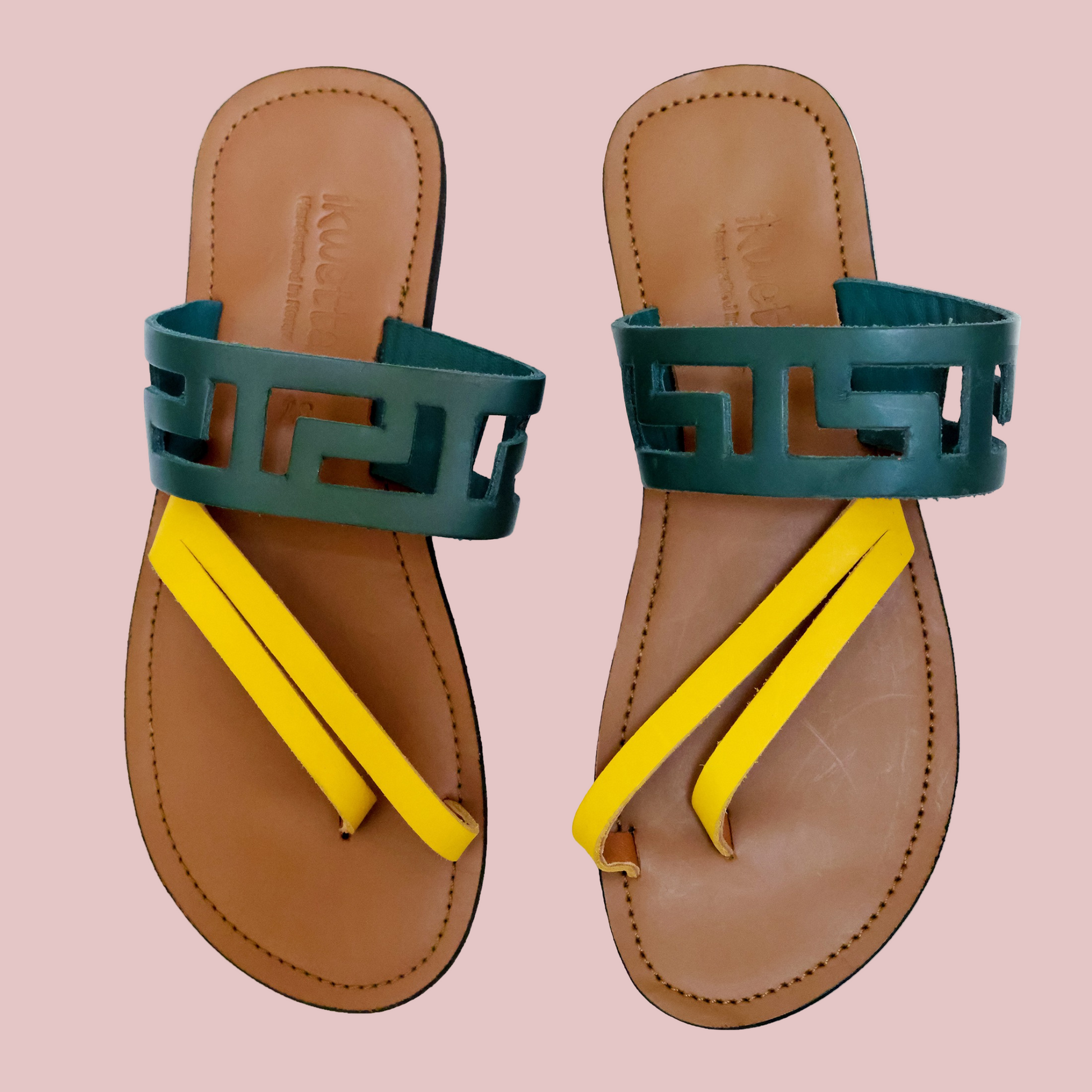 Rhea sandals with caramel smooth leather, green and yellow smooth leather straps