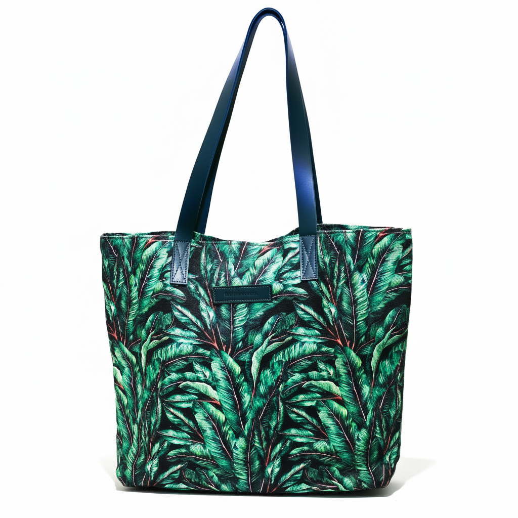 Leather handle cloth tote in foilage cloth and smooth leather handles
