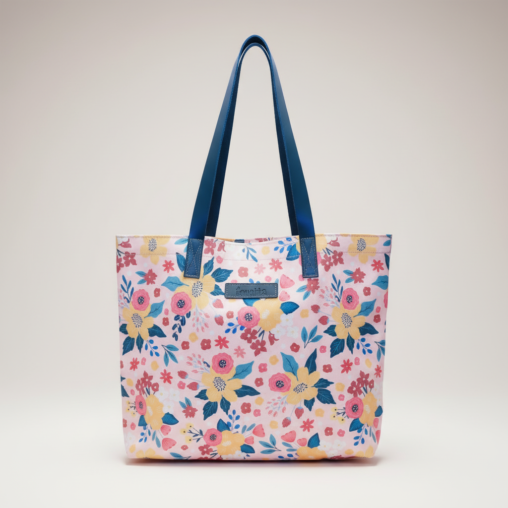 Leather handle cloth tote in pink floral cloth and smooth leather handles