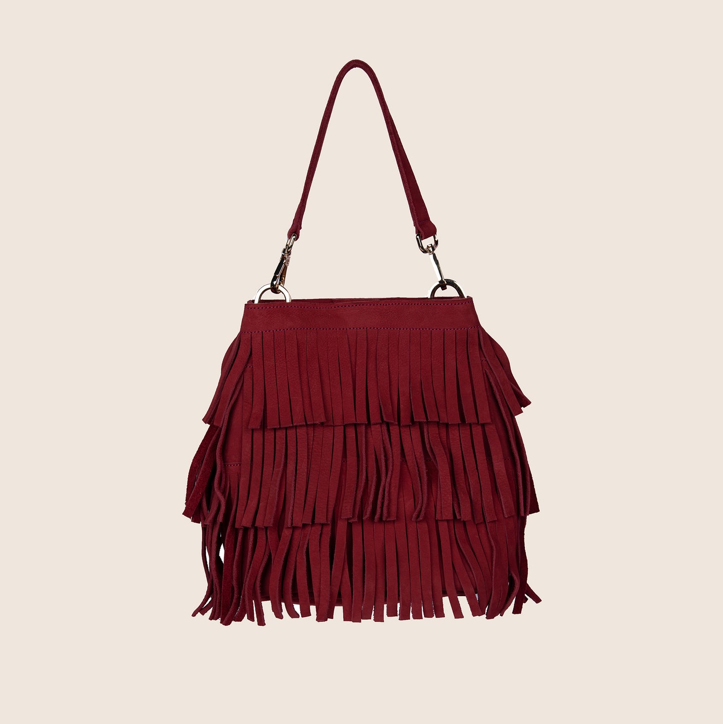 Fringe Bucket Bag  in Rosebery with removable crossbody straps.