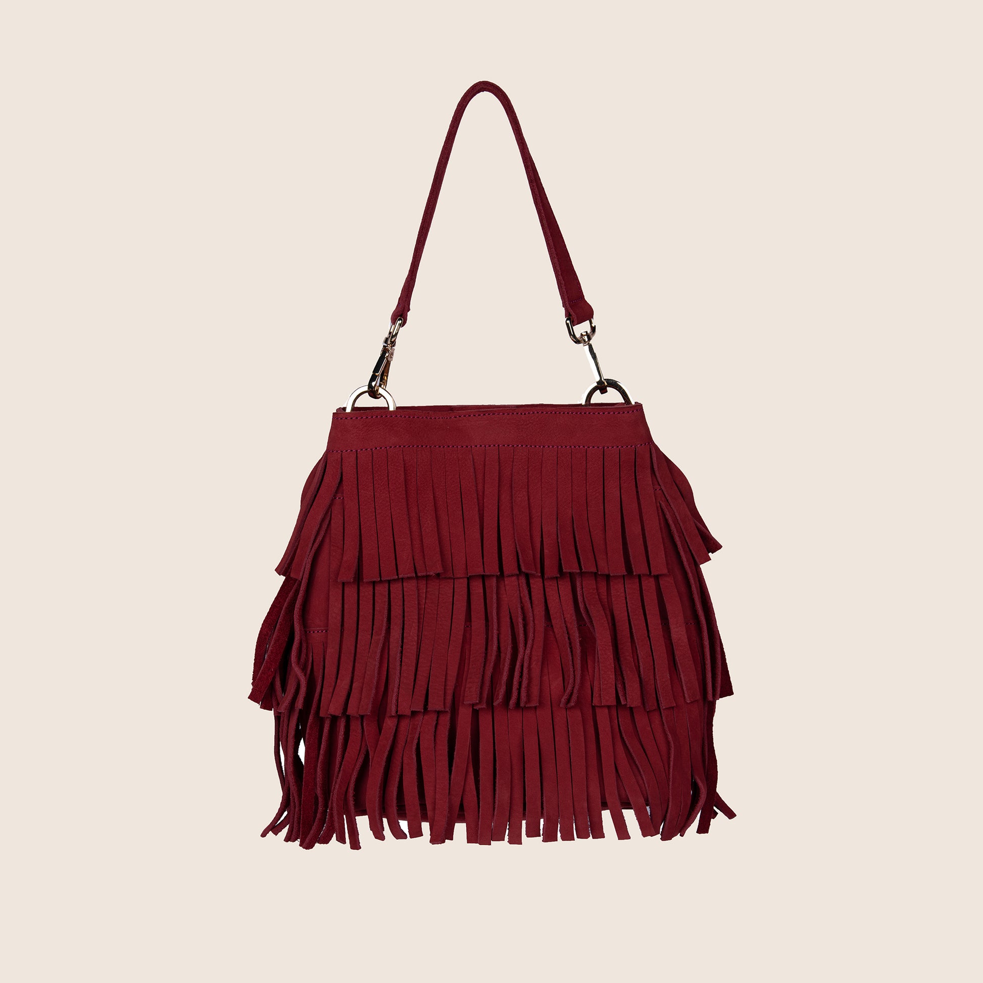 Fringe Bucket Bag  in Rosebery with removable crossbody straps.