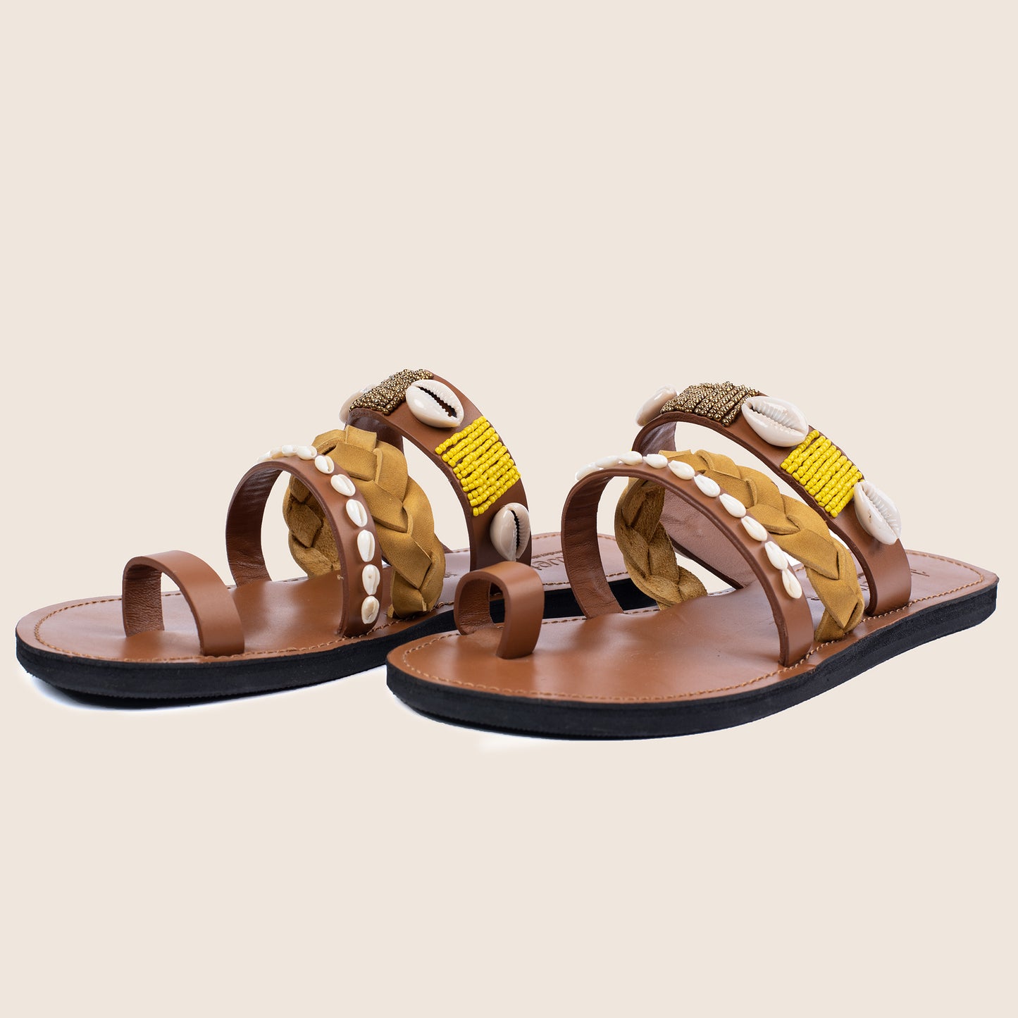 Madden sandals in Caramel smooth leather and Maasai beaded upper straps